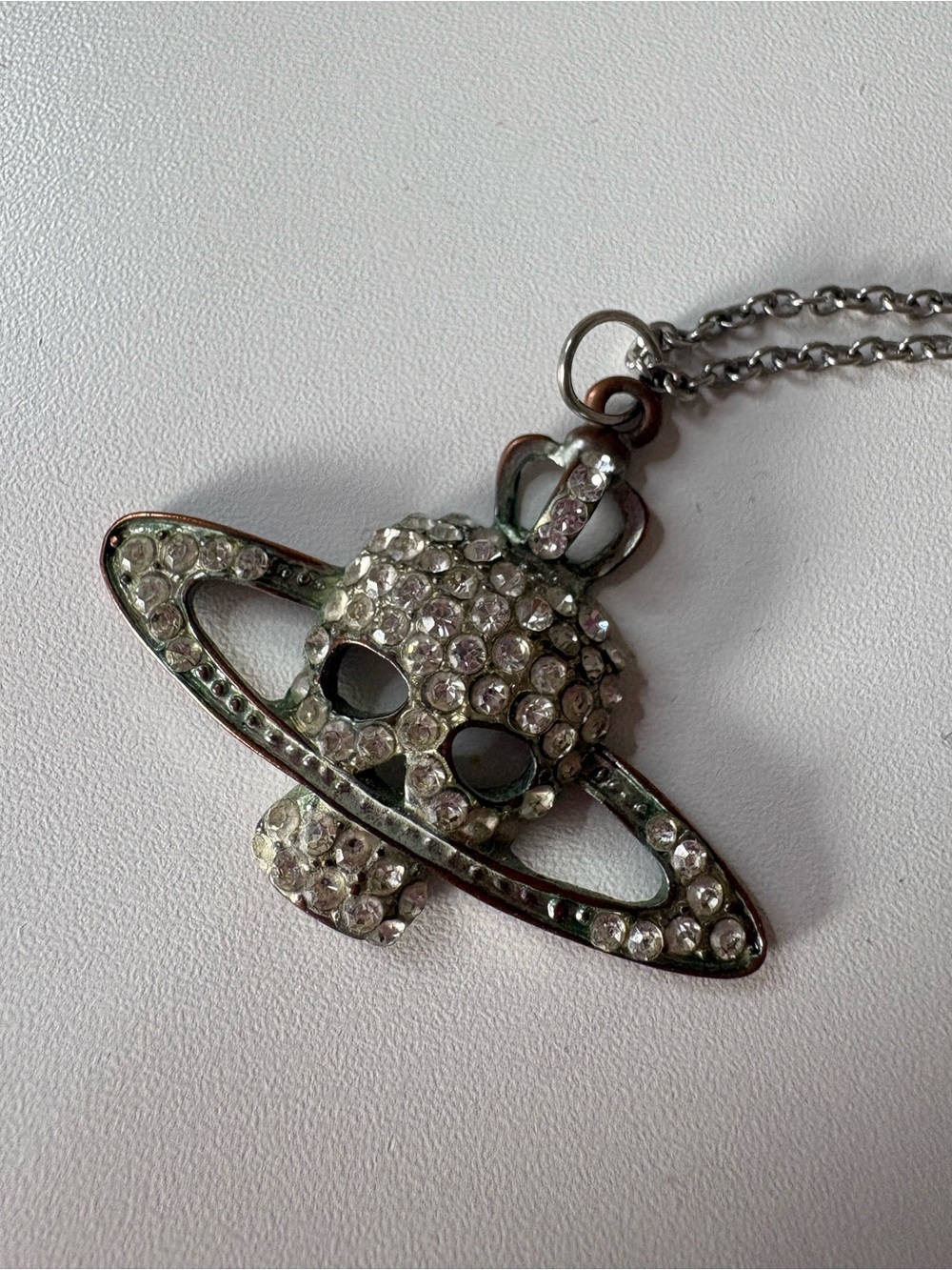 Rhinestone Skull Planet Pendant Necklace - Silver